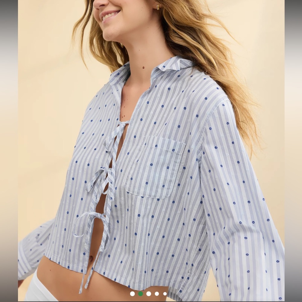 Aerie Off Duty Tie Front Shirt XXL Striped Lightweight Blouse Casual Boho Top